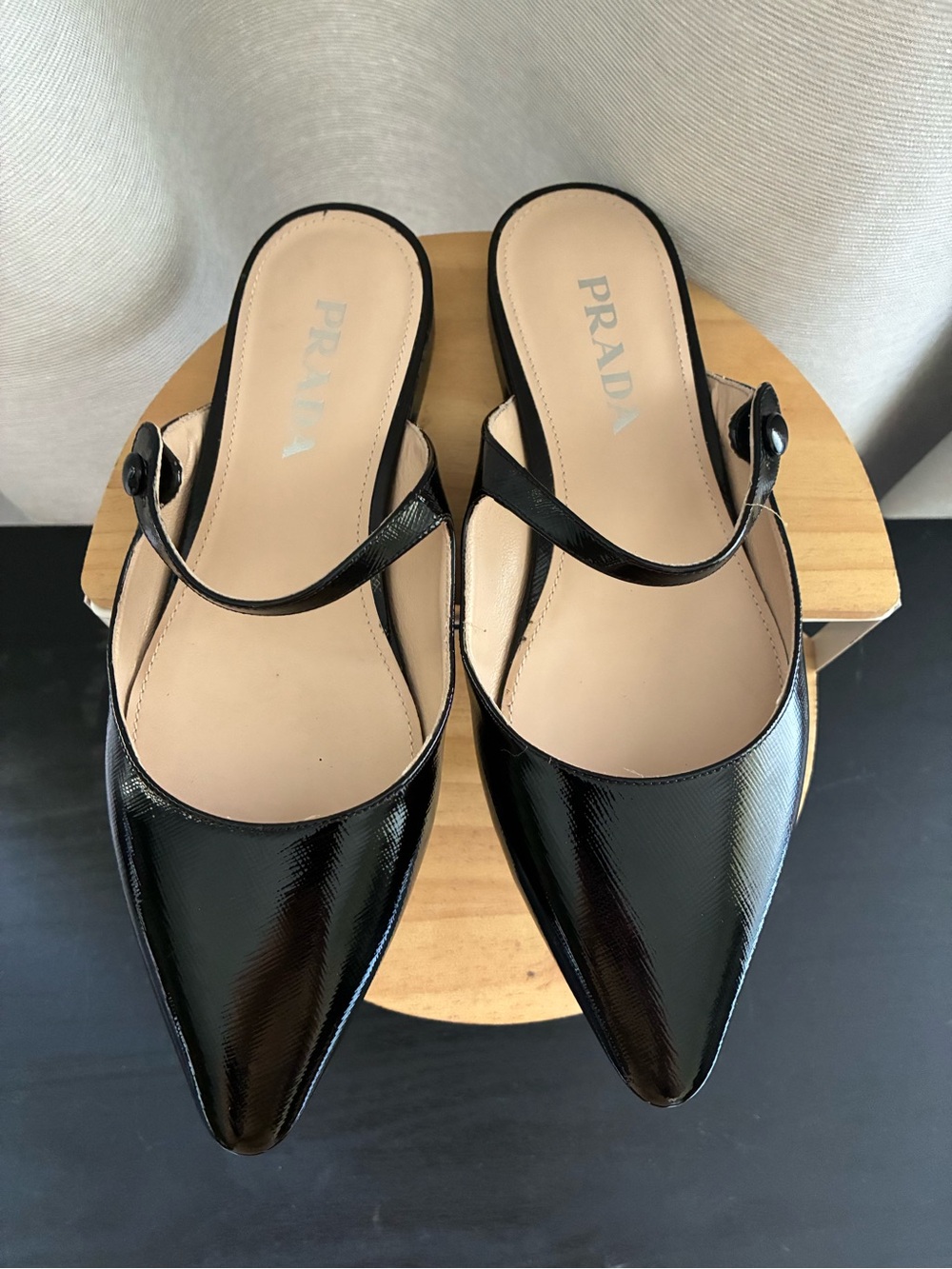 Prada Black Patent Pointed Toe Slingback Mules